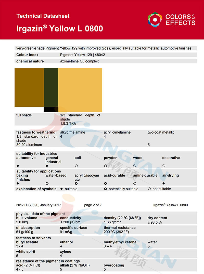 巴斯夫L0800颜料黄TDS数据报告