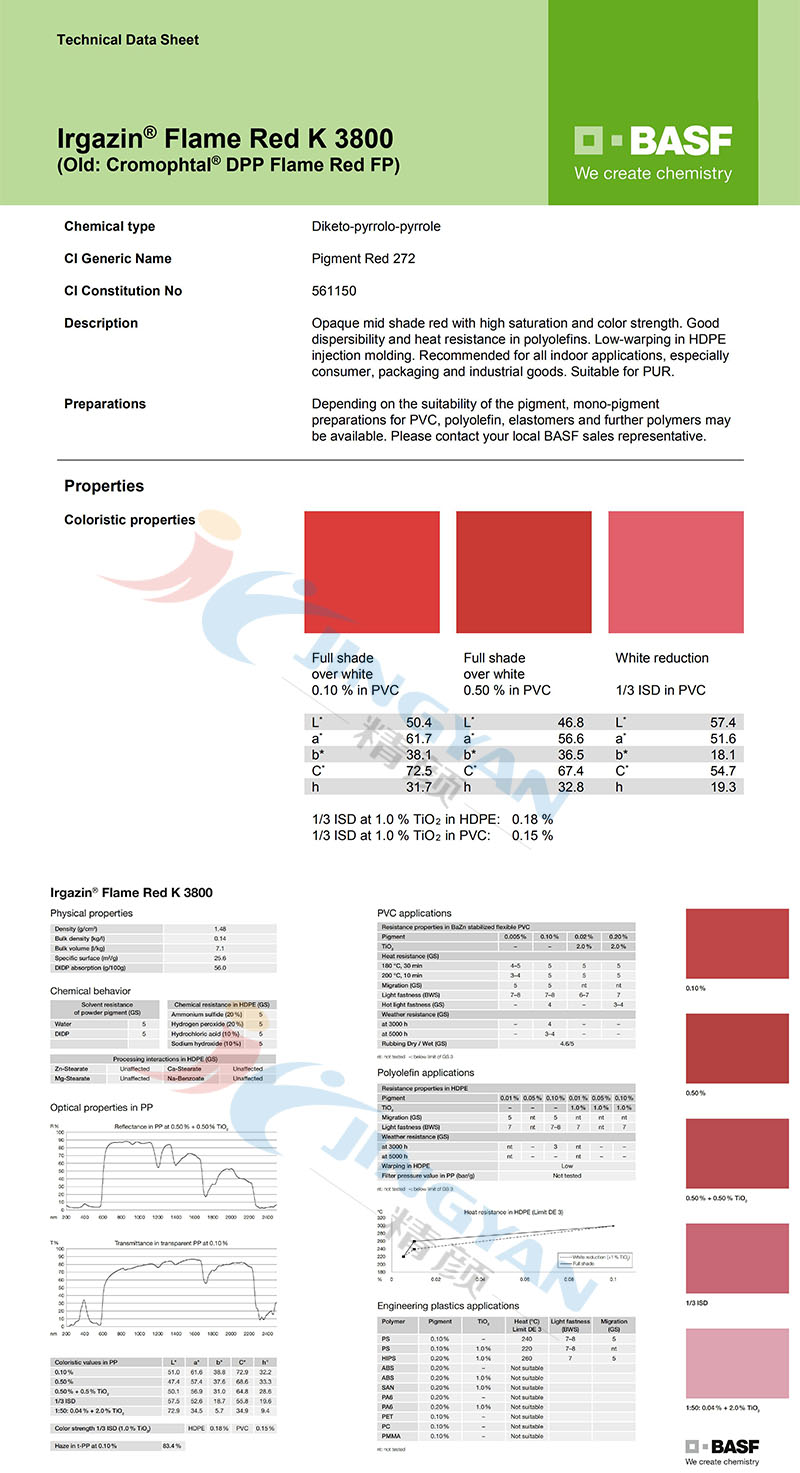 巴斯夫K3800火红色不透明有机颜料TDS技术数据表