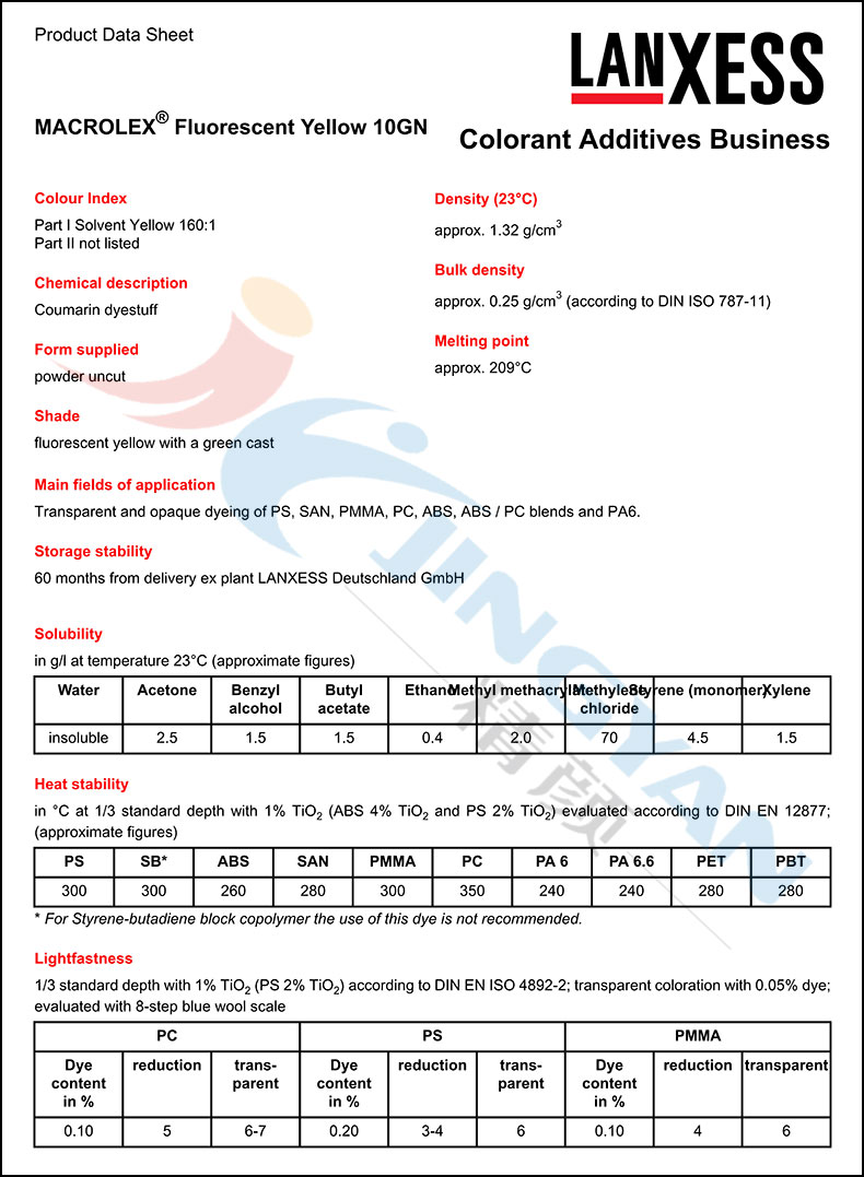 朗盛10GN黄荧光染料数据表