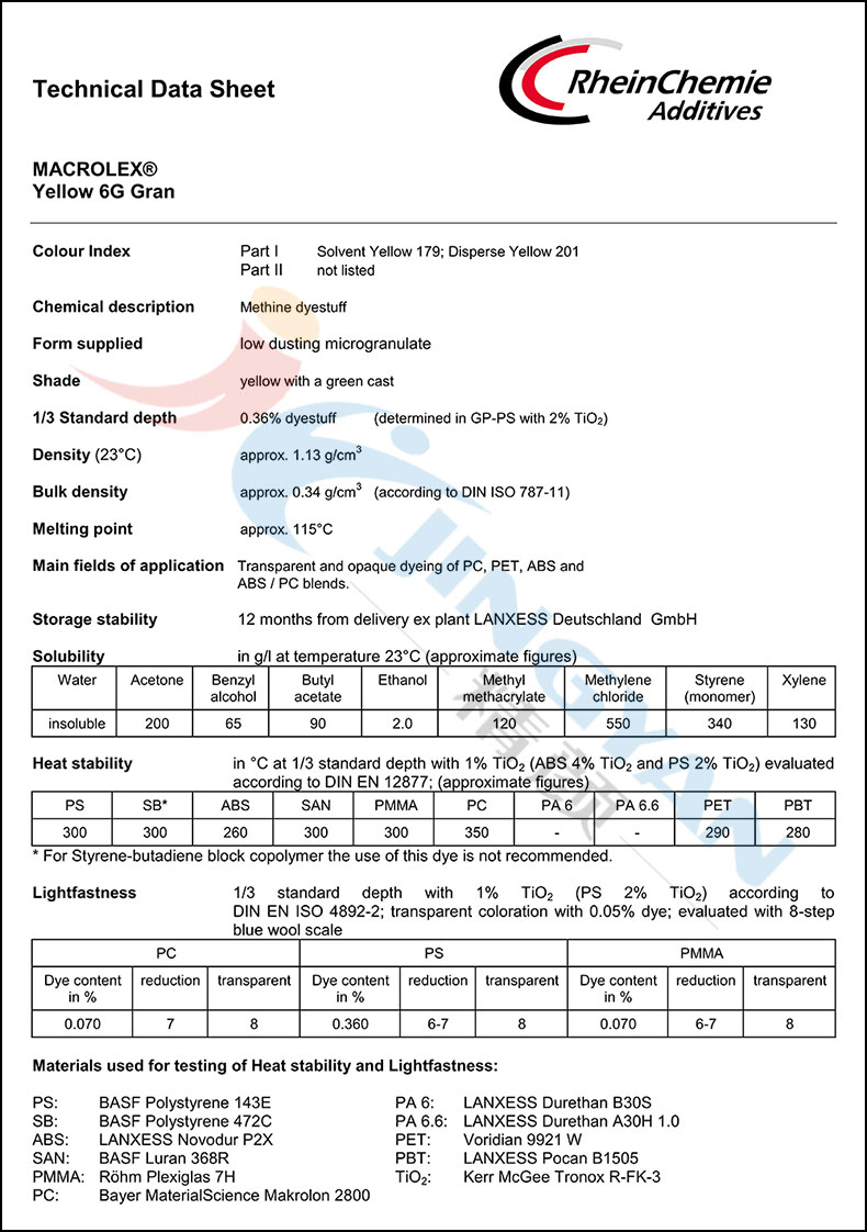 朗盛马高列斯6G黄染料数据表1