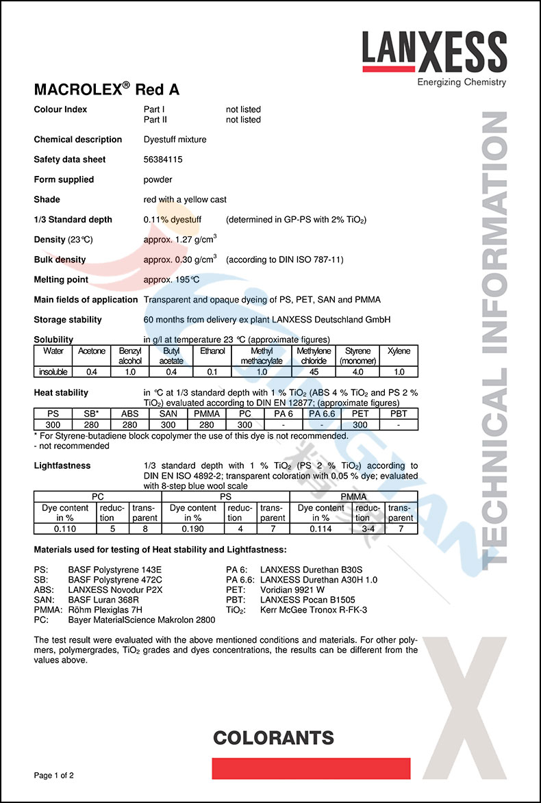 朗盛红A溶剂染料数据表1