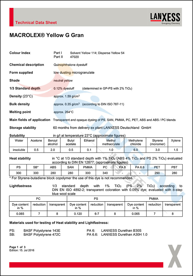 朗盛黄G溶剂染料数据表